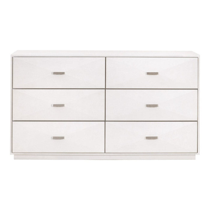 Pearl white faux shagreen 6-drawer dresser with stainless steel pulls and a modern design.