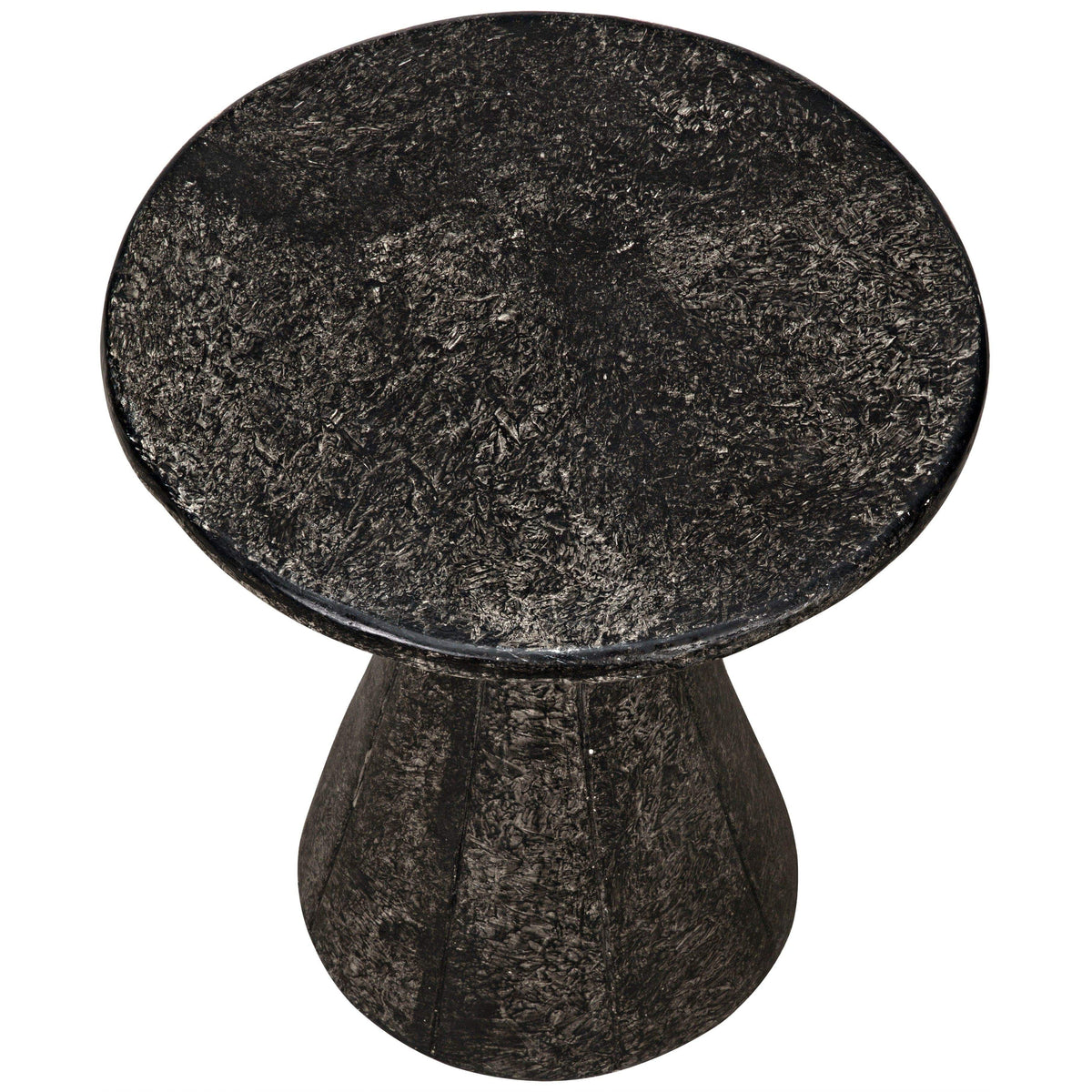 Black fiber cement pedestal side table with a round top and textured finish.