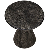 Black fiber cement pedestal side table with a round top and textured finish.