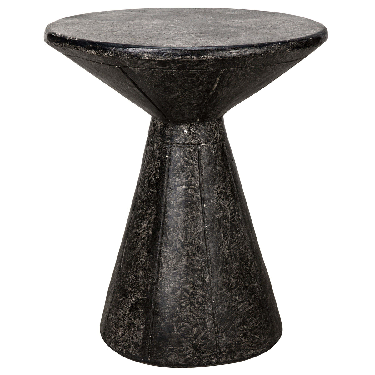 Black fiber cement pedestal side table with a natural textured finish, 24 inches high.