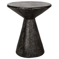 Black fiber cement pedestal side table with a natural textured finish, 24 inches high.