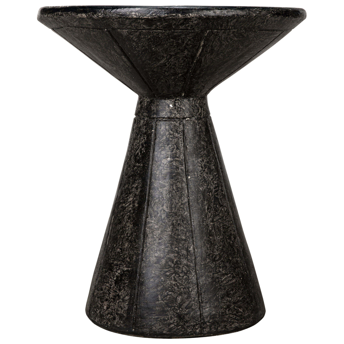 Black fiber cement pedestal side table with a textured finish and conical base.