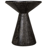 Black fiber cement pedestal side table with a textured finish and conical base.