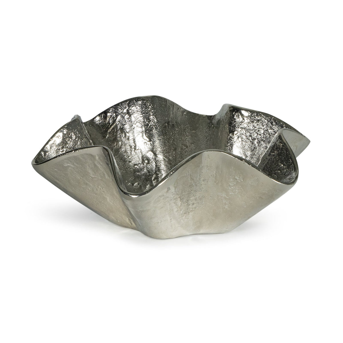 Small silver metallic Pedicoat bowl with ruffled edges and textured finish.