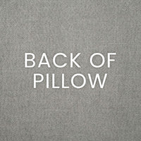 Text "BACK OF PILLOW" on a textured gray polyester fabric.
