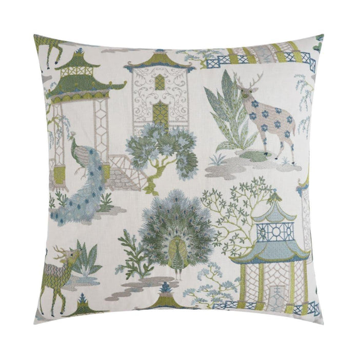 Pelhaven 24" white throw pillow with blue and green embroidered chinoiserie peacocks, deer, and pagodas.