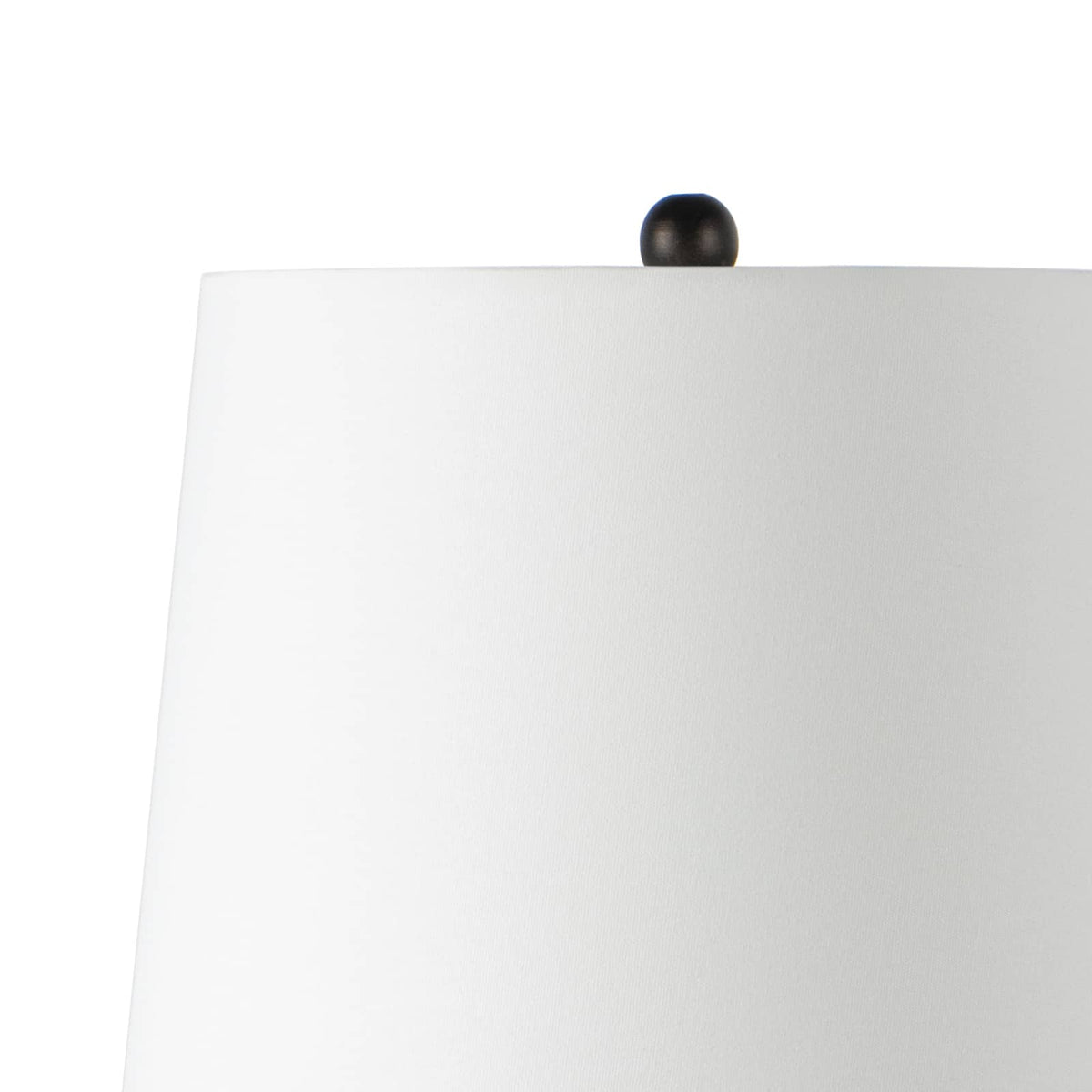 Close-up of the top of a Perennial Buffet Lamp in Ebony with a white linen shade.