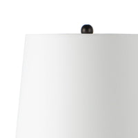 Close-up of the top of a Perennial Buffet Lamp in Ebony with a white linen shade.