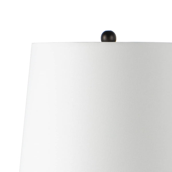 Close-up of the top of a Perennial Buffet Lamp in Ebony with a white linen shade.
