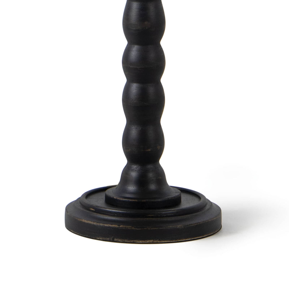 Ebony Perennial buffet lamp base, hand lathed solid wood with rustic-chic finish and faux drip wax detail.