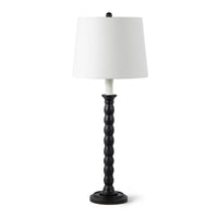 Perennial Buffet Lamp Ebony: Rustic-chic hand-lathed solid wood base, white linen shade, faux drip wax candle sleeve.