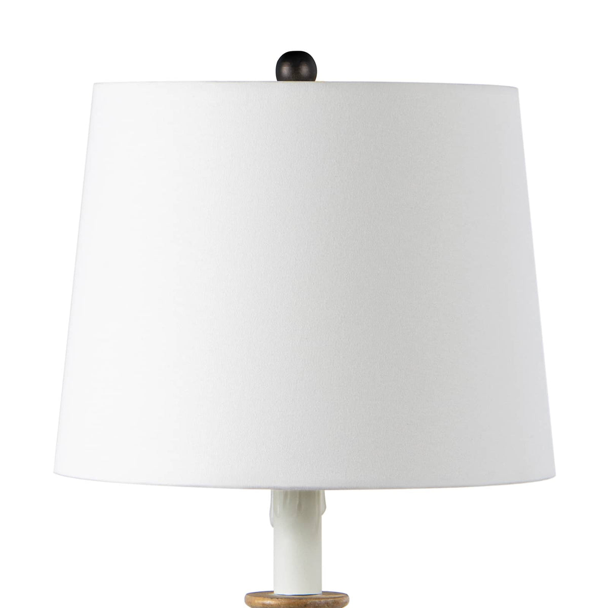 Perennial Buffet Lamp Natural with a white linen shade, rustic-chic wood base, and faux drip wax details.