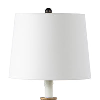 Perennial Buffet Lamp Natural with a white linen shade, rustic-chic wood base, and faux drip wax details.