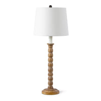 Natural Perennial Buffet Lamp with a rustic-chic lathed wood base and a white linen shade.