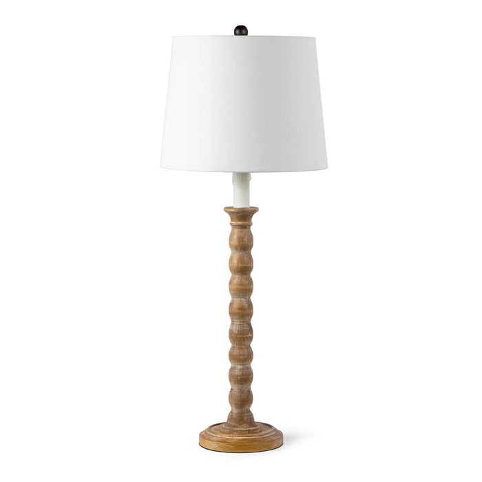 Natural Perennial Buffet Lamp with a rustic-chic lathed wood base and a white linen shade.