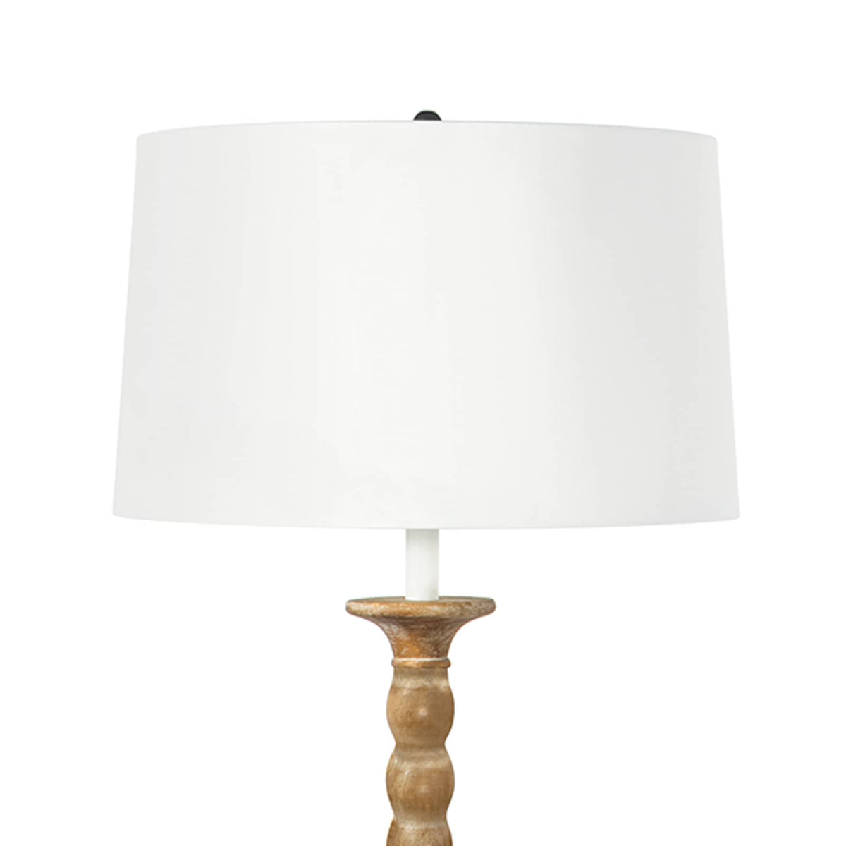 Perennial Floor Lamp with a natural rustic wood base, white linen shade, and functional tabletop.