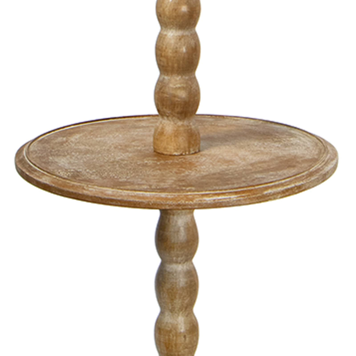 Rustic natural wood Perennial Floor Lamp with a round tabletop surface and slender, lathed body.