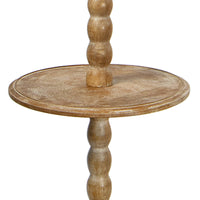 Rustic natural wood Perennial Floor Lamp with a round tabletop surface and slender, lathed body.