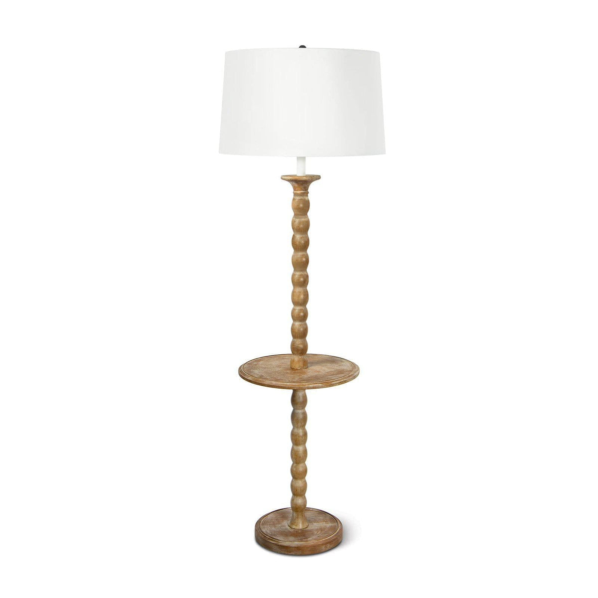 Natural wood Perennial Floor Lamp with a slender, hand-lathed body, functional tabletop, and white linen shade.