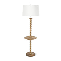 Natural wood Perennial Floor Lamp with a slender, hand-lathed body, functional tabletop, and white linen shade.