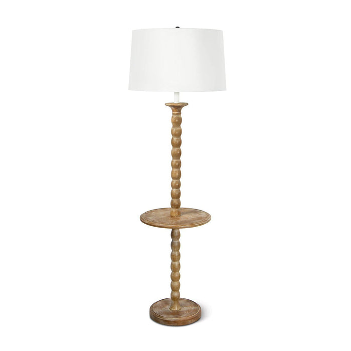 Natural wood Perennial Floor Lamp with a slender, hand-lathed body, functional tabletop, and white linen shade.