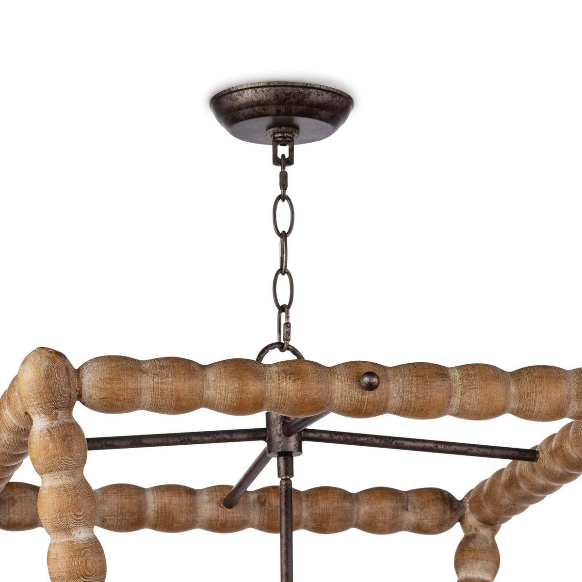 Perennial Lantern Natural, a rustic chic hand-lathed solid wood chandelier with faux drip wax details.