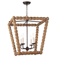 Natural wood Perennial Lantern chandelier with a rustic chic, beaded frame and four faux drip wax candle sleeves.
