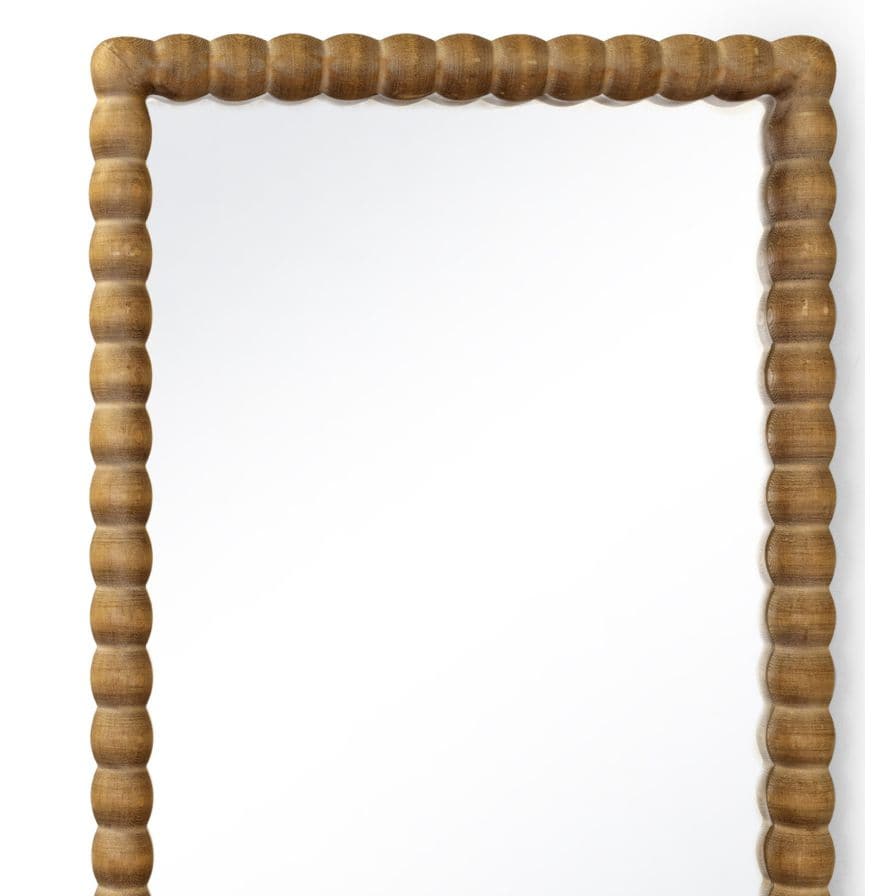 Perennial natural wood rectangle mirror with a unique angular silhouette and organic bobble-textured frame.