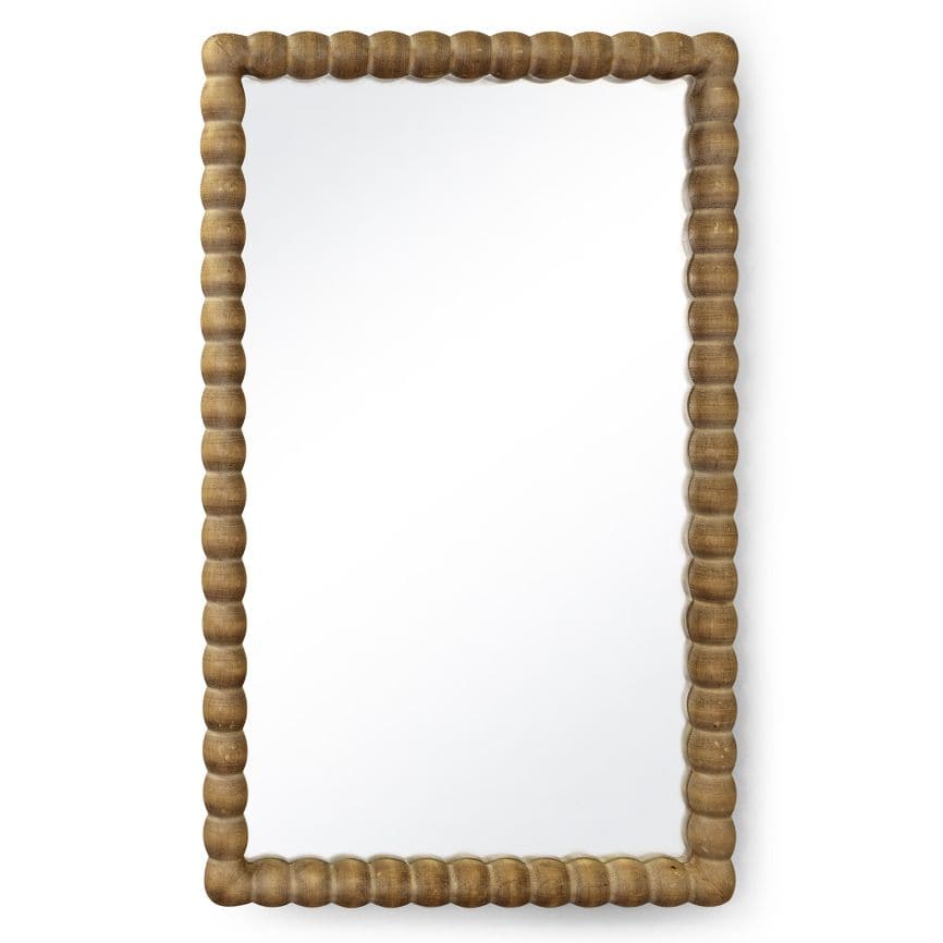 Perennial natural wood rectangle mirror with a unique bobble-textured frame, blending farmhouse and French-country styles.