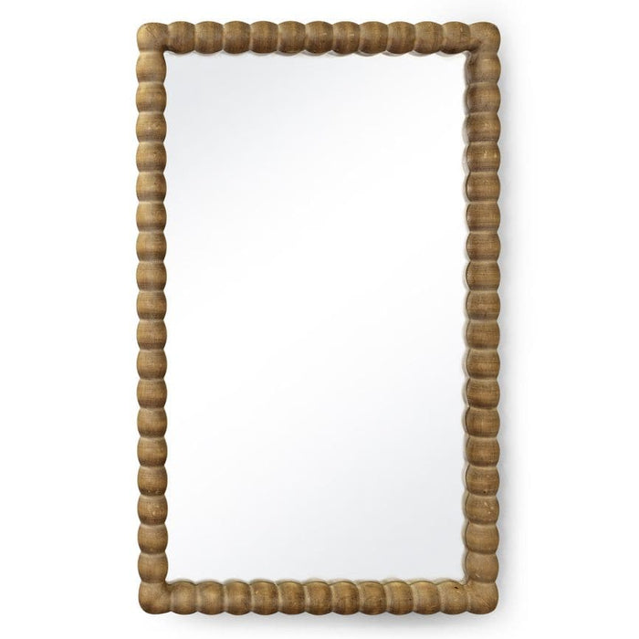 Perennial natural wood rectangle mirror with a unique bobble-textured frame, blending farmhouse and French-country styles.