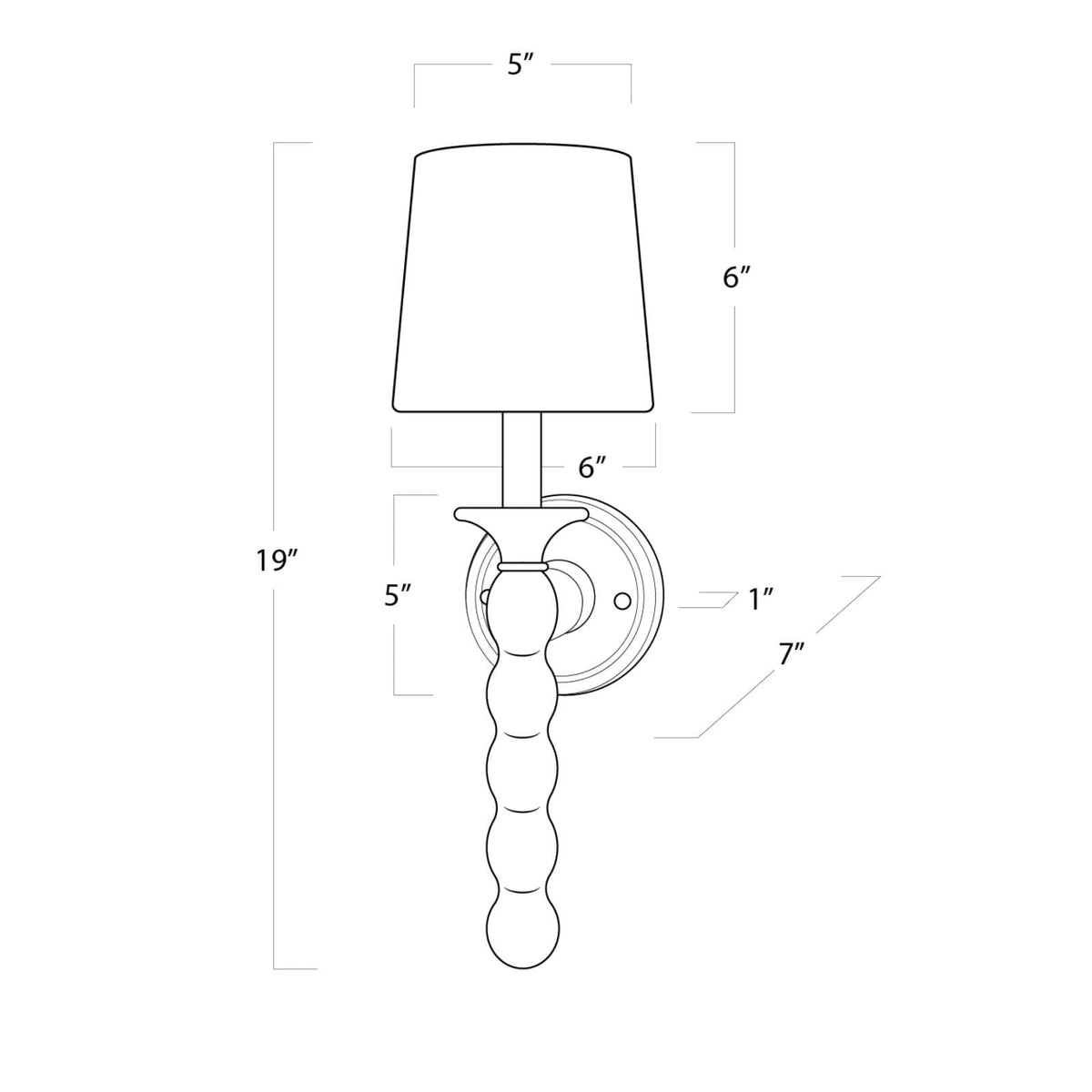 Line drawing of the 19" Perennial Sconce Natural, showing its linen shade and hand-lathed solid wood base.