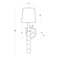 Line drawing of the 19" Perennial Sconce Natural, showing its linen shade and hand-lathed solid wood base.