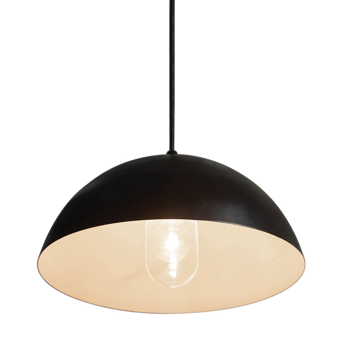 Peridot outdoor black dome pendant light with a sleek metal shade and exposed bulb.