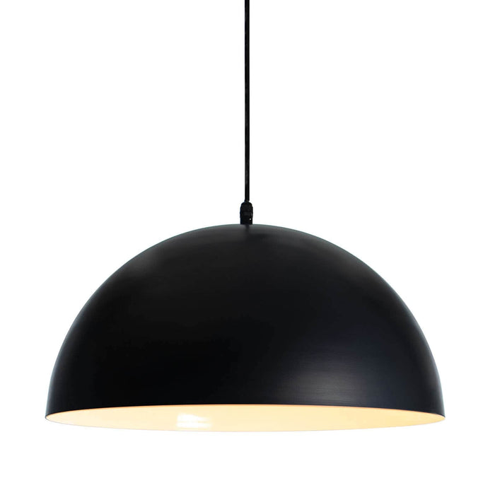 Black metal dome pendant light with a sleek, minimalist design, ideal for outdoor spaces.