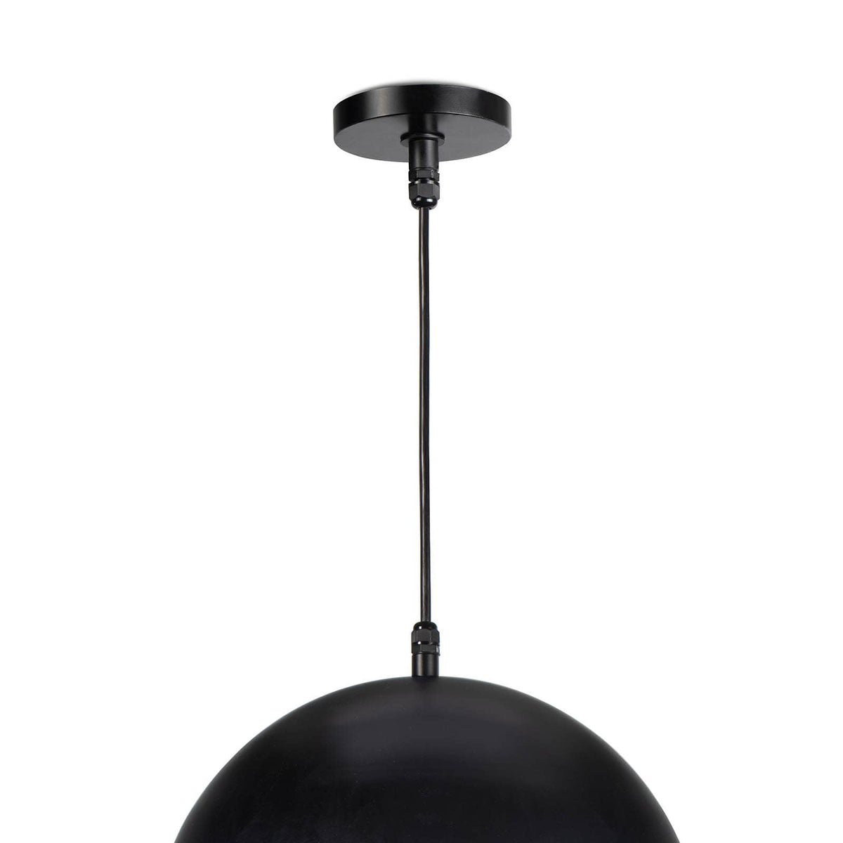 Black metal dome pendant light with a sleek, minimalist design for outdoor spaces.