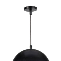 Black metal dome pendant light with a sleek, minimalist design for outdoor spaces.
