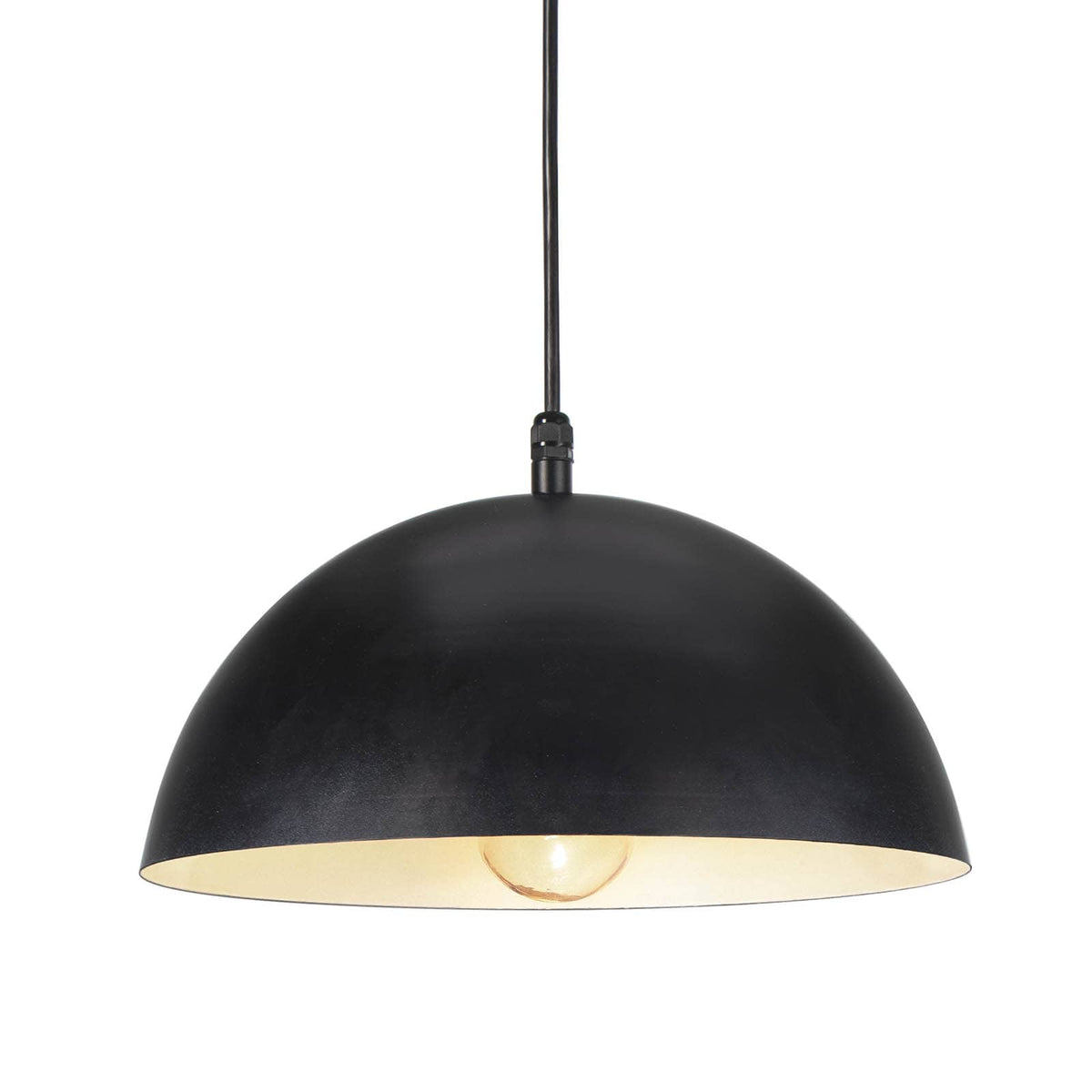 Peridot small black dome metal outdoor pendant light with a warm glow.