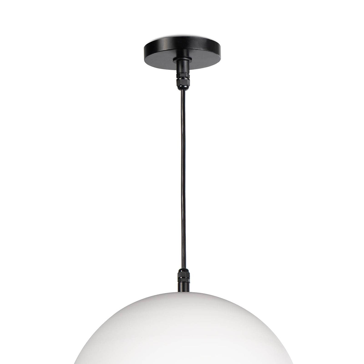 White metal dome pendant light with black canopy and cord, 15" wide, for outdoor use.