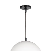 White metal dome pendant light with black canopy and cord, 15" wide, for outdoor use.