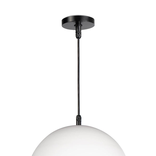 White metal dome pendant light with black canopy and cord, 15" wide, for outdoor use.