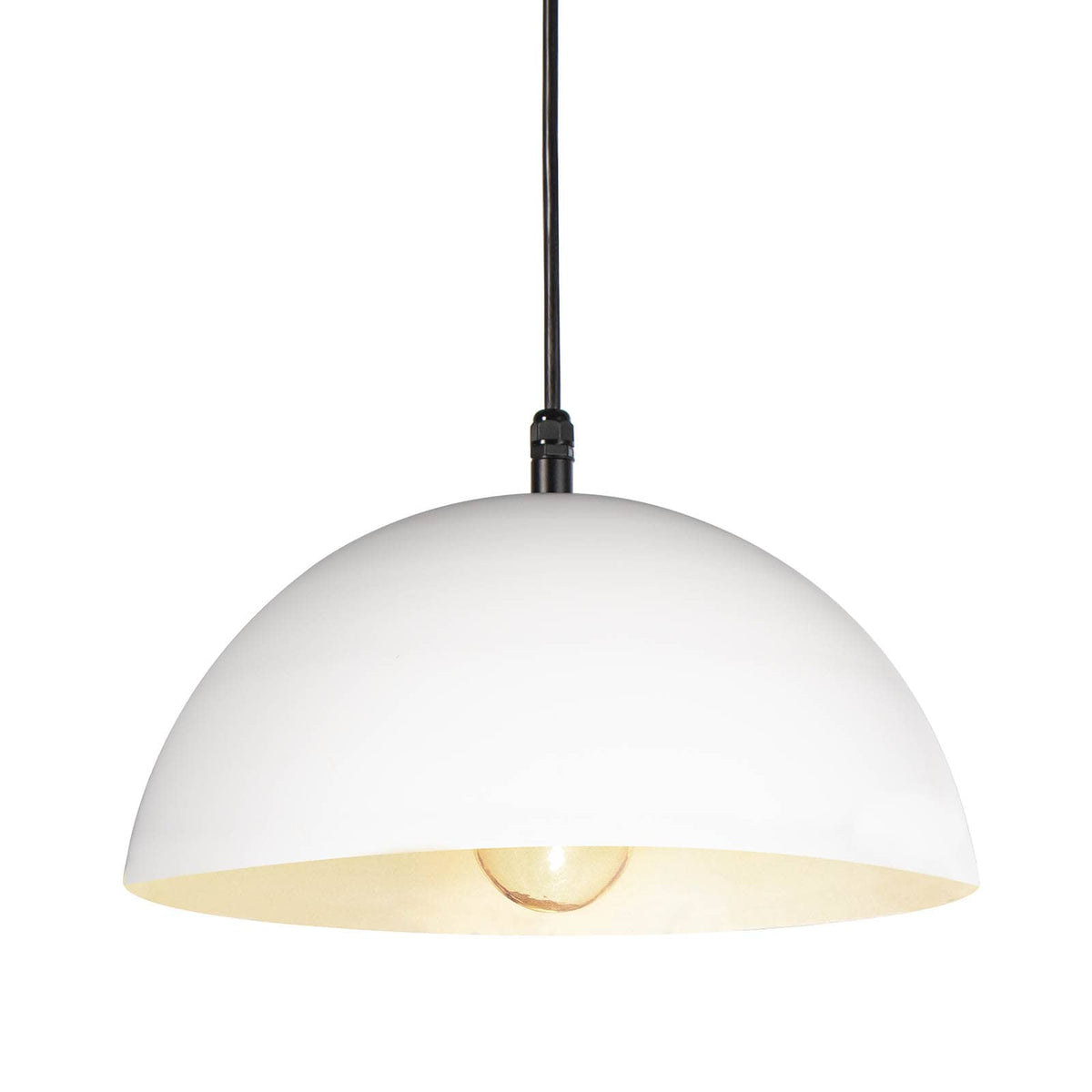 Peridot small white metal dome outdoor pendant light with a single bulb, hanging from a black cord.