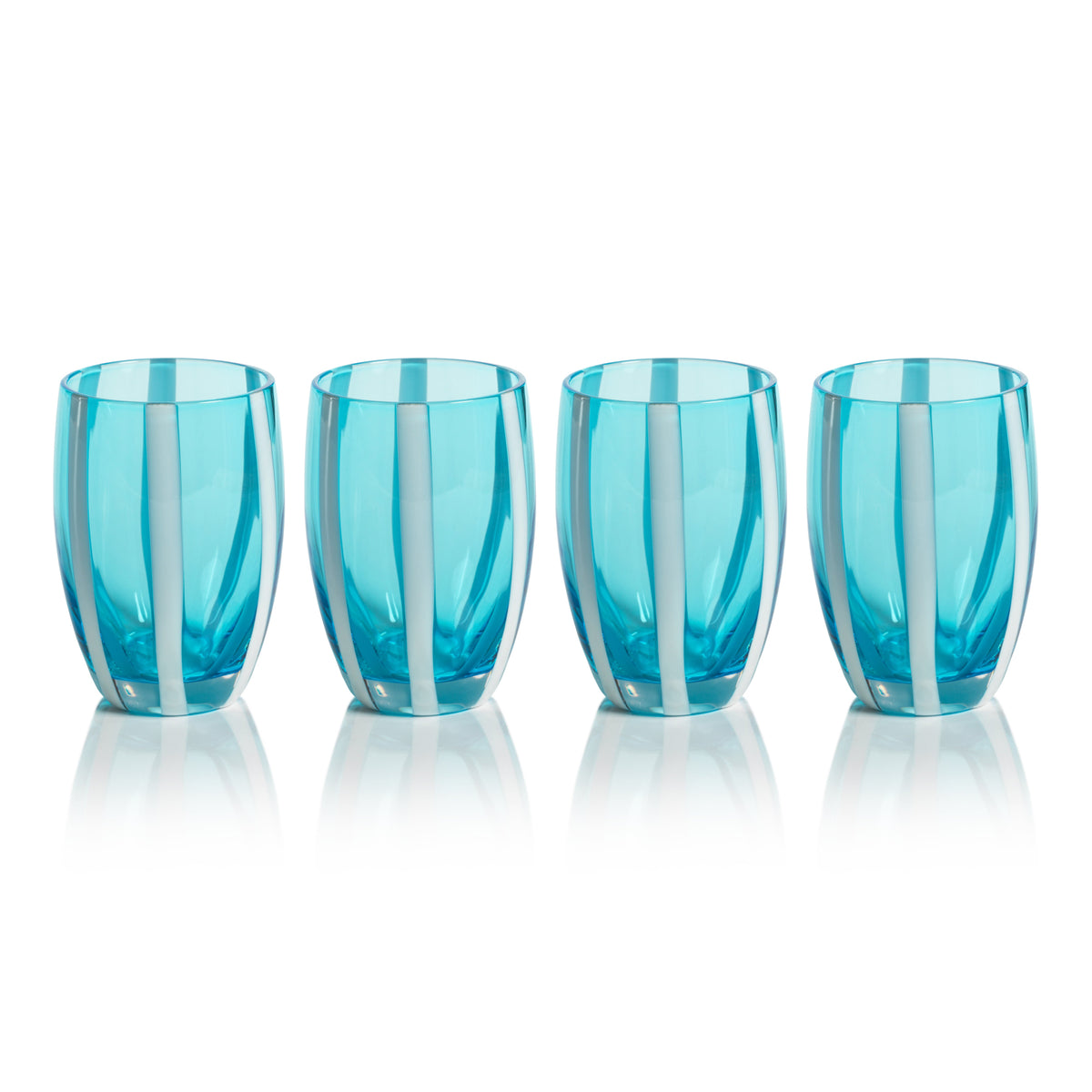 Pesaro Aqua w/ White Stripes Stemless Glasses, Set 4 - Glass Close Up | Bone & Brass