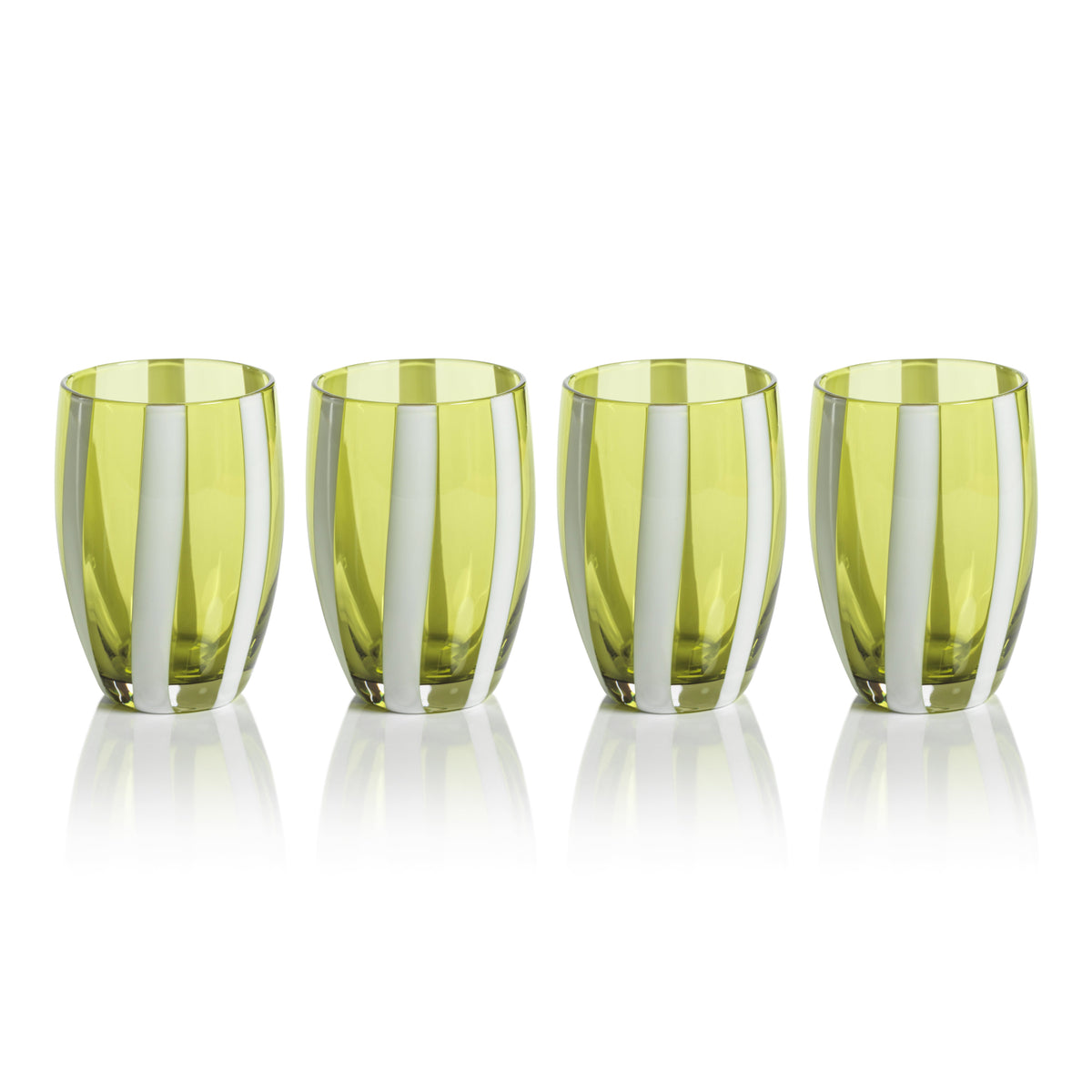 Pesaro Green w/ White Stripes Stemless Glasses, Set 4 - Glass Side View | Bone & Brass