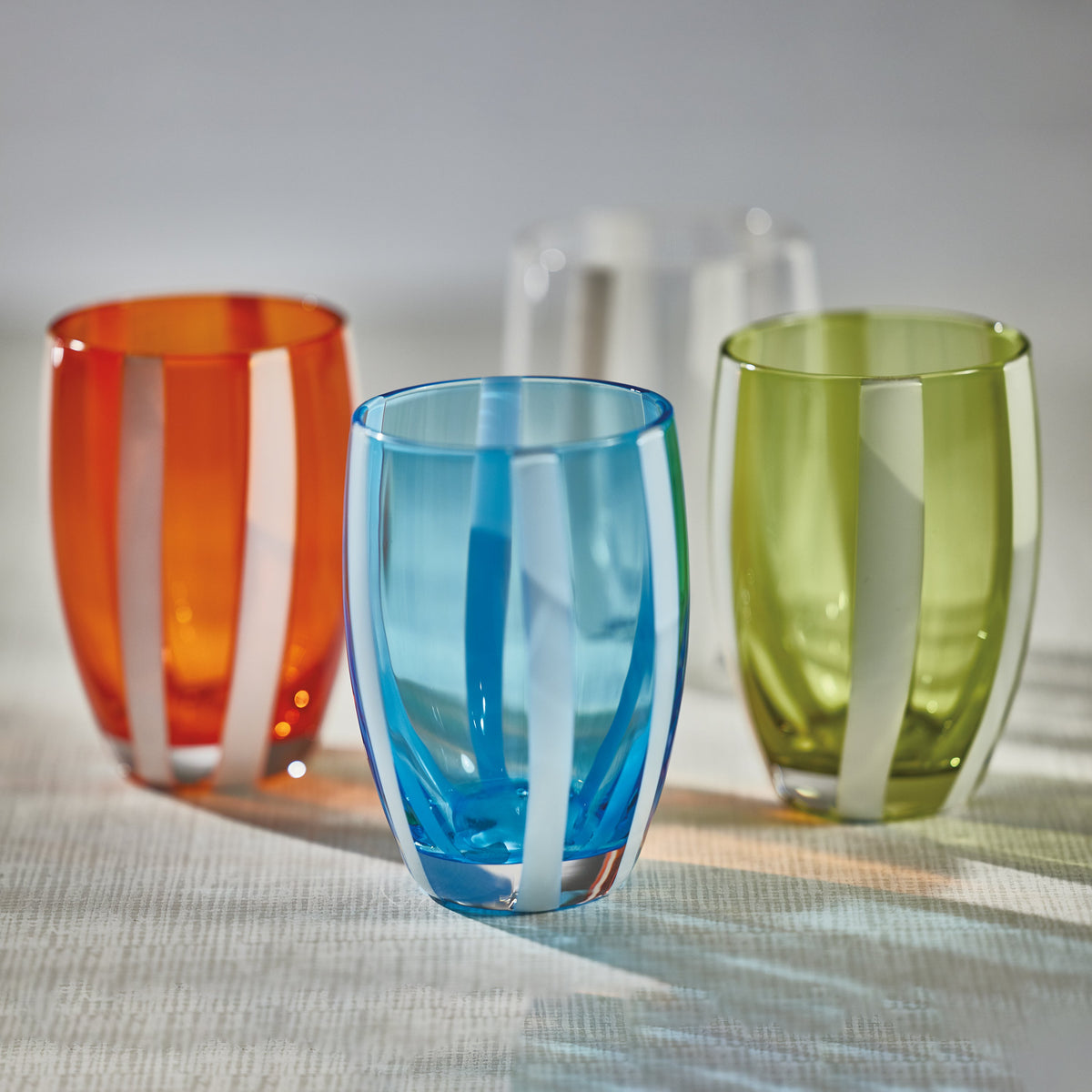 Pesaro Green w/ White Stripes Stemless Glasses, Set 4 - Glass View | Bone & Brass