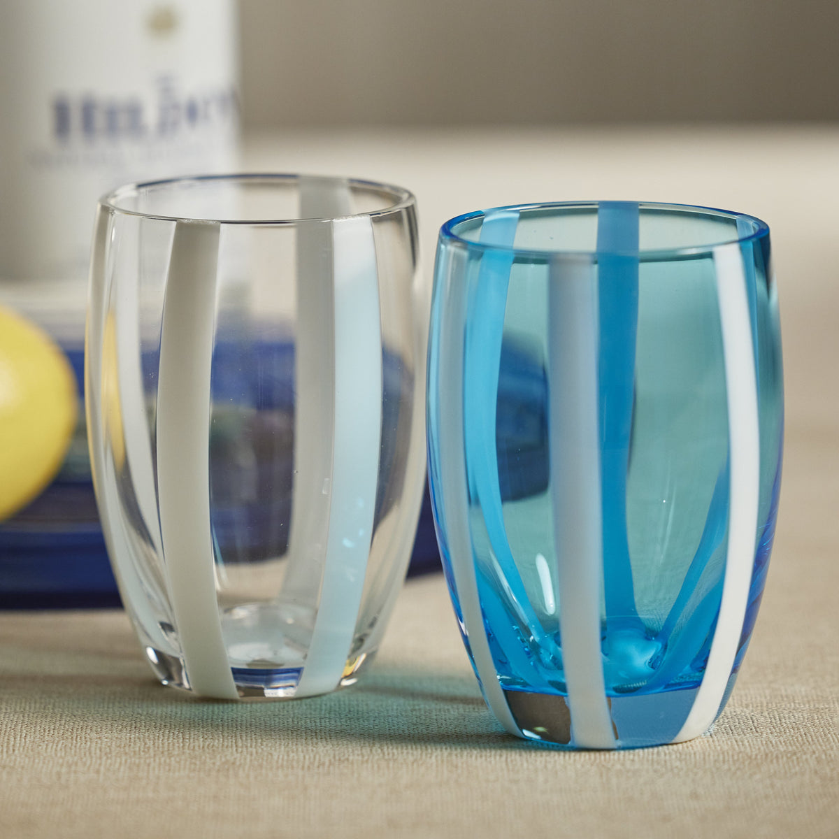Pesaro White Stipe Stemless Glasses, Set 4 - Glass Close Up | Bone & Brass