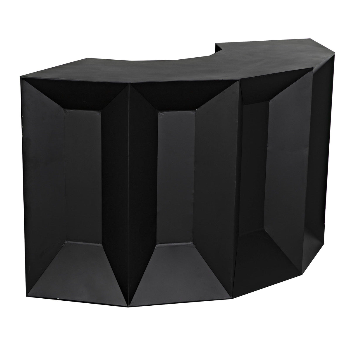 Petra Matte Black Industrial Bar, 78" wide, with steel framing and unique geometric panel design.