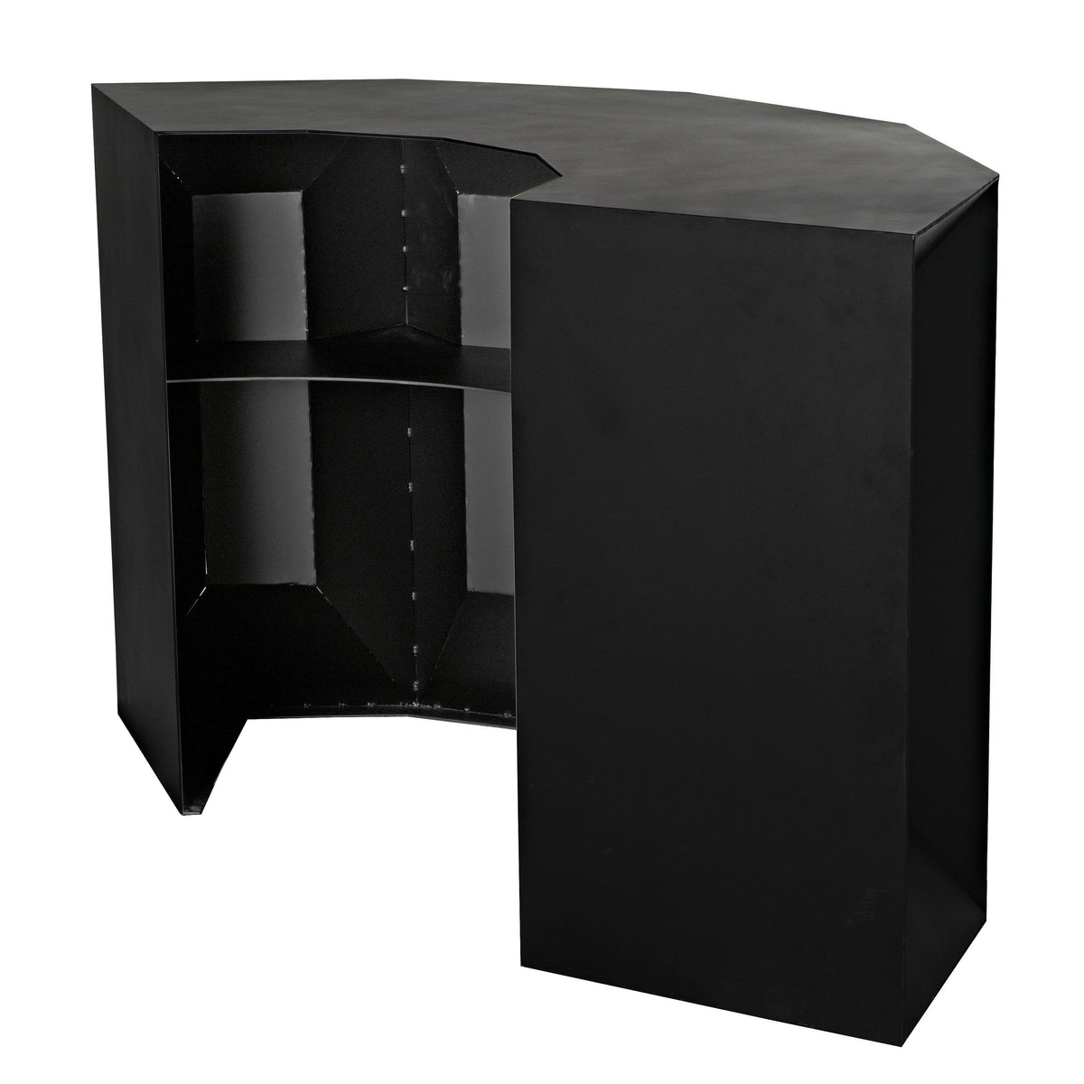Petra Matte Black Industrial Bar, L-shaped with steel framing and internal shelving.