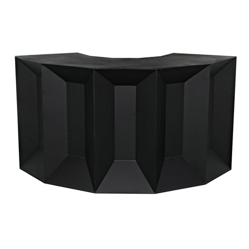 Petra matte black industrial bar with faceted steel framing and curved top.