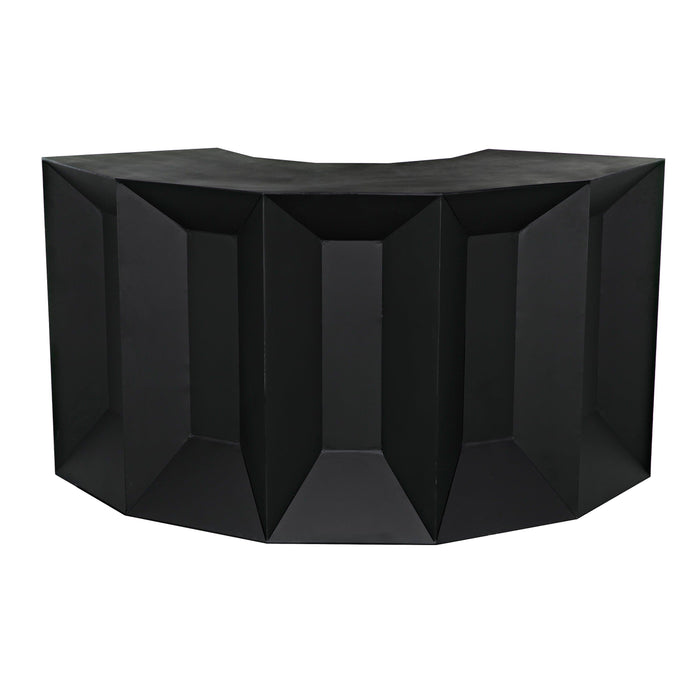 Petra matte black industrial bar with faceted steel framing and curved top.