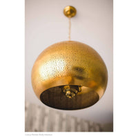 Natural brass pierced metal sphere pendant light with organic perforated design.